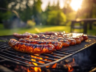 Close up of sausages grilling on a barbecue with flames and a blurred background in the summer sun