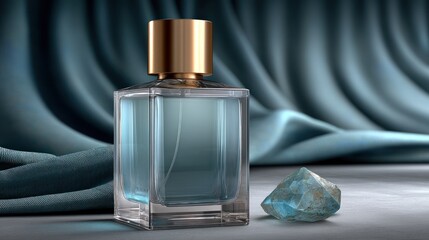 A rectangular glass perfume bottle with a gold cap sits on a white surface before a teal fabric backdrop. A light blue gemstone rests beside it. The scene is dramatically lit