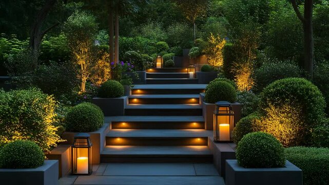 Dark garden path with soft step lighting, symmetrical planters, and glowing lanterns among sculpted shrubs