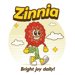 Vector Illustration of Zinnia Flower Mascot with Retro Cartoon Mascot Available for Logo Badge