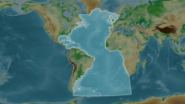 Atlantic Ocean. Close-up on a colored elevation map
