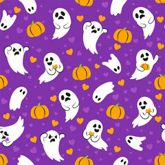 Halloween seamless pattern with cute little ghosts and pumpkins. White ghosts on purple background. Pattern for fabric, paper, textile, card design