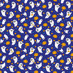 Halloween seamless pattern with cute little ghosts and pumpkins. White ghosts on dark blue background. Pattern for fabric, paper, textile, card design
