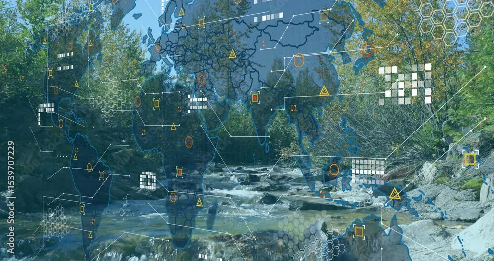 Poster sunlight reflecting river starting global data overlay with icons popping as pulsing network lines