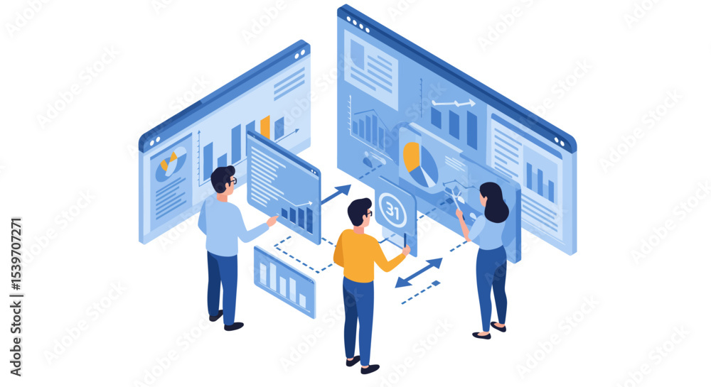 Poster data analysis and collaboration in modern office environment for business strategy visualization vec