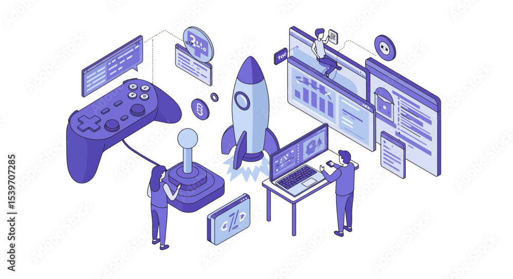 Poster concept of digital collaboration and innovation in game development and technology vector illustrati
