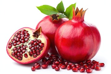 Fresh Pomegranate Fruits with Juicy Seeds and Green Leaves