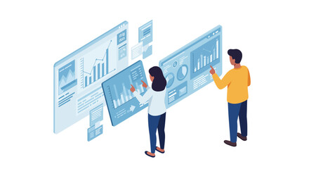 Team analyzing data on interactive digital screens for business insights and strategic planning vector illustration