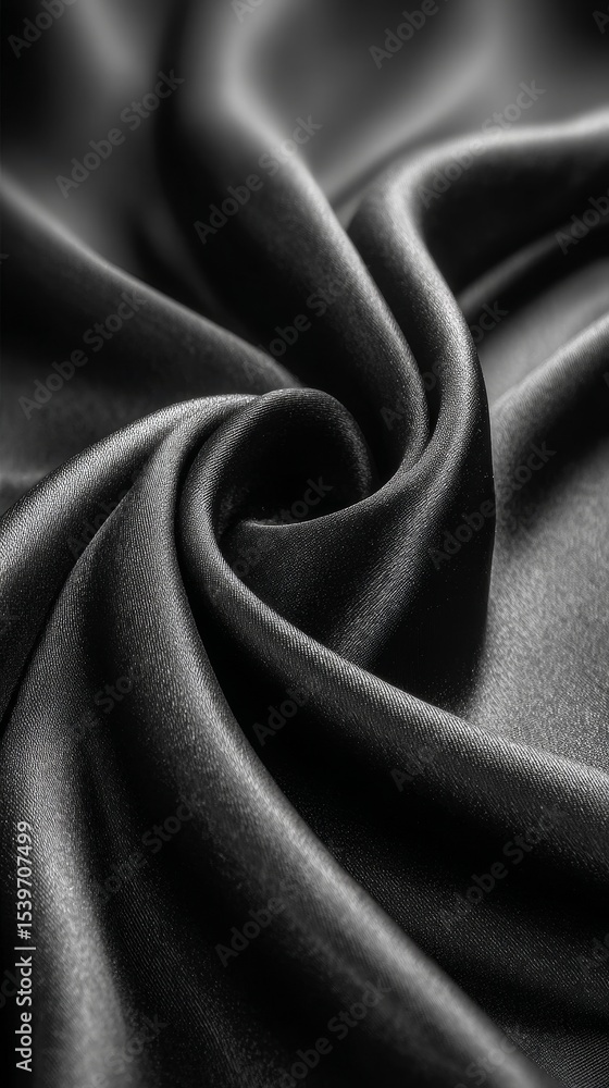 Poster elegant black silk fabric with metallic sheen and smooth flowing texture on dark grey background, re