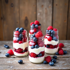 Layered blueberry and raspberry parfaits in clear mason jars with yogurt, granola, and fresh berries, styled on a rustic wooden table for a healthy breakfast or dessert presentation