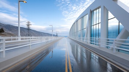 Fototapeta premium A modern, white bridge stretches across a calm body of water, reflecting the clear sky and mountains in the wet roadway. The structure features large glass panels, offering expansive views