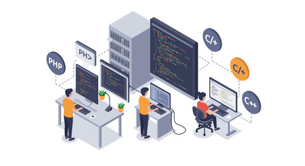 Collaborative software development team programming with php and c vector illustration