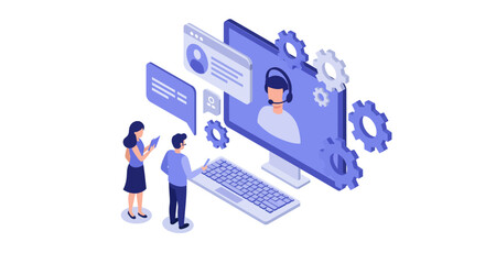 Virtual customer support concept with isometric design - online communication and assistance vector illustration
