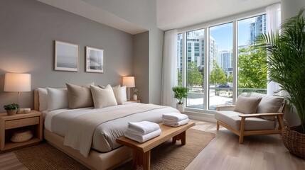 A serene, light-filled bedroom boasts a king-size bed with neutral linens.