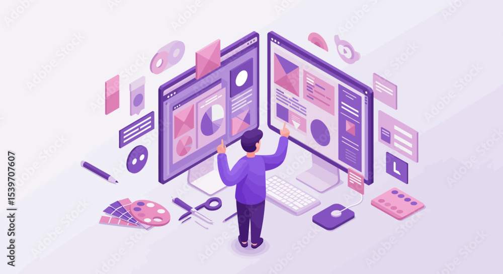 Poster digital graphic design workspace with person creating on dual screens vector illustration