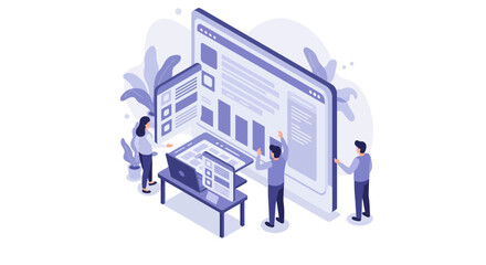 Digital team collaboration and data analysis in modern office setting vector illustration
