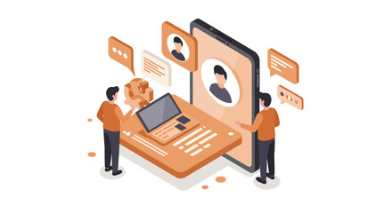 Virtual team meeting and communication in digital workspace concept vector illustration