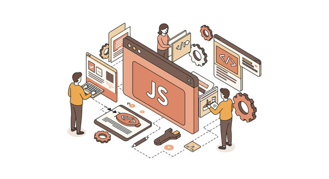 Team collaboration on javascript development and web design concept vector illustration