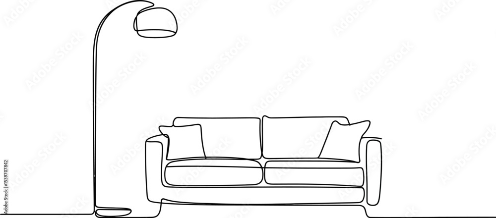 Poster continuous line drawing of a sofa with pillows and a floor lamp on a white background in minimalist 