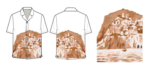 Earth-toned watercolor shirt design featuring a tranquil Mediterranean cliffside village. The hand-painted illustration in rich sepia hues evokes a nostalgic and timeless aesthetic