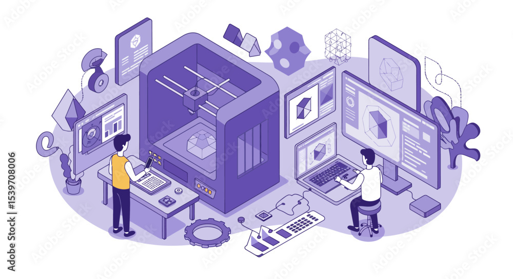 Poster innovative design and creation process with 3d printing and digital technology for modern workspace 