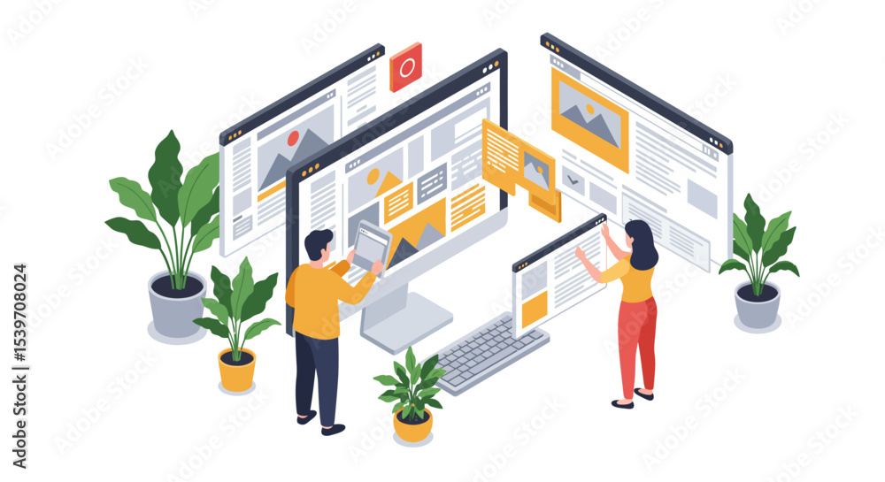 Poster teamwork and collaboration in web design and development vector illustration