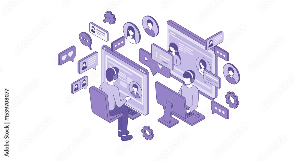 Aufkleber virtual team collaboration concept with customer support and communication in isometric style vector