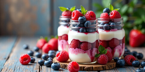 Layered blueberry and raspberry parfaits in clear mason jars with yogurt, granola, and fresh berries, styled on a rustic wooden table for a healthy breakfast or dessert presentation
