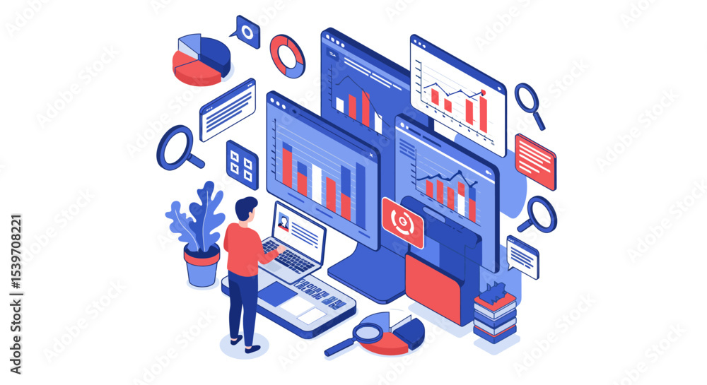 Poster data analysis and business analytics concept with graphs, charts, and technology elements vector ill