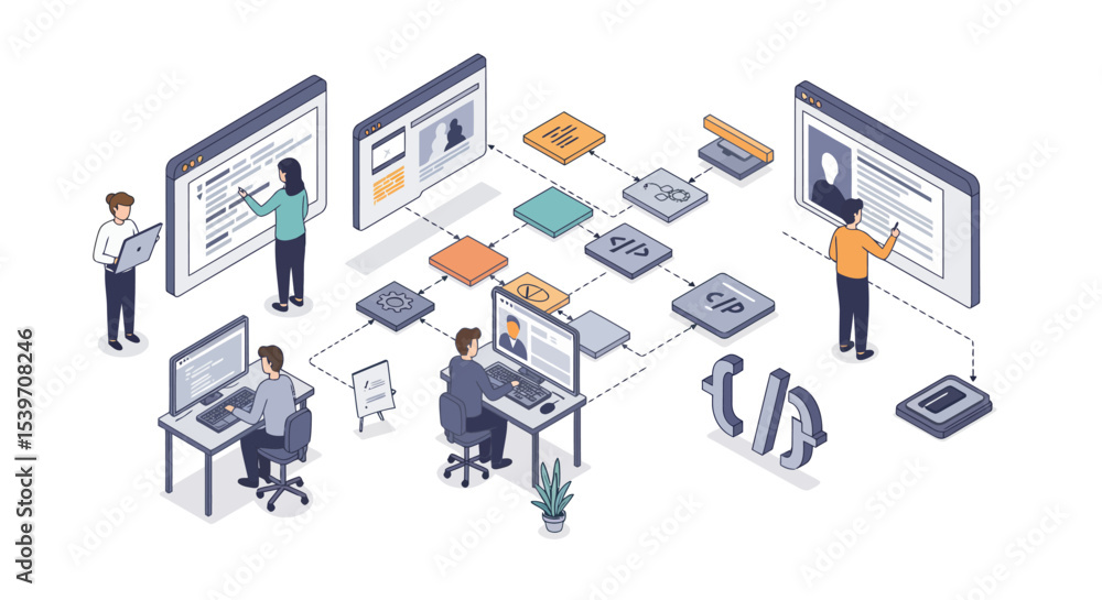 Poster teamwork in software development and project management concept for remote collaboration vector illu