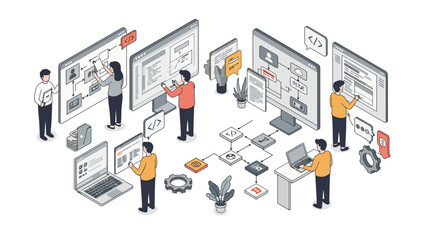 Collaborative teamwork in software development and programming with digital workflow elements vector illustration