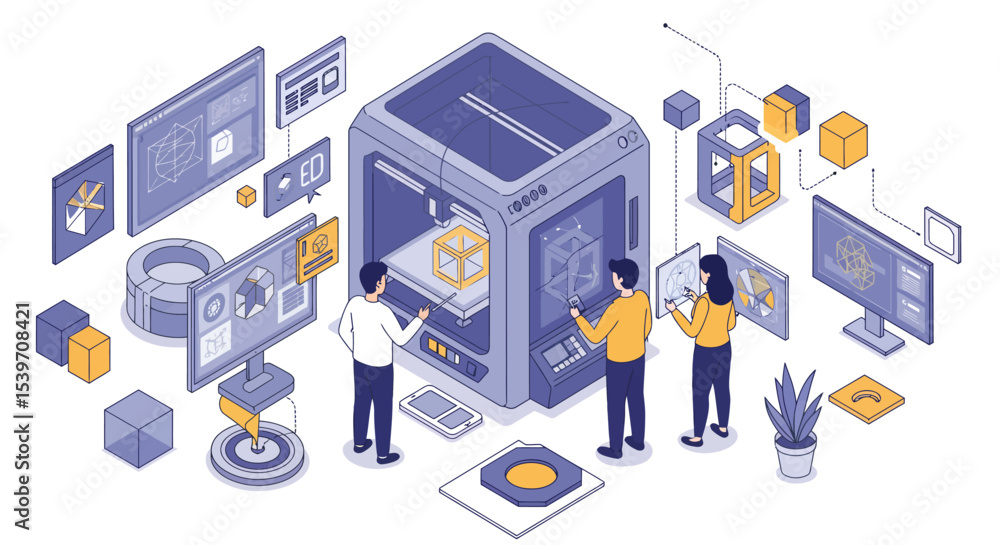 Poster futuristic 3d printing concept with engineers designing innovative prototypes in a modern tech lab v