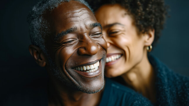 A man and woman laughing together with their eyes closed - Powered by Adobe