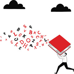  Conceptual illustration of a person carrying a large red book with letters and words flowing out from it under a cloudy sky, symbolizing knowledge, learning, imagination, storytelling