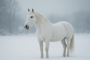 Naklejka premium White Horse Standing in Snowy Winter Landscape
