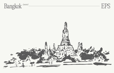 A stunning sketch of the iconic Wat Arun Temple located in the vibrant city of Bangkok