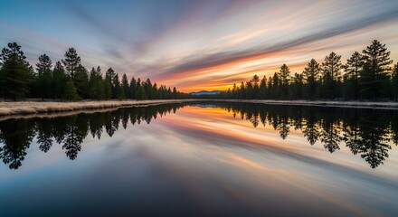 Fototapeta premium Serene Lake Reflection at Sunset with Streaking Clouds and Forest Silhouette