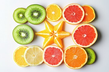 Obraz premium Colorful Arrangement of Fresh Citrus and Kiwi Slices on White Background