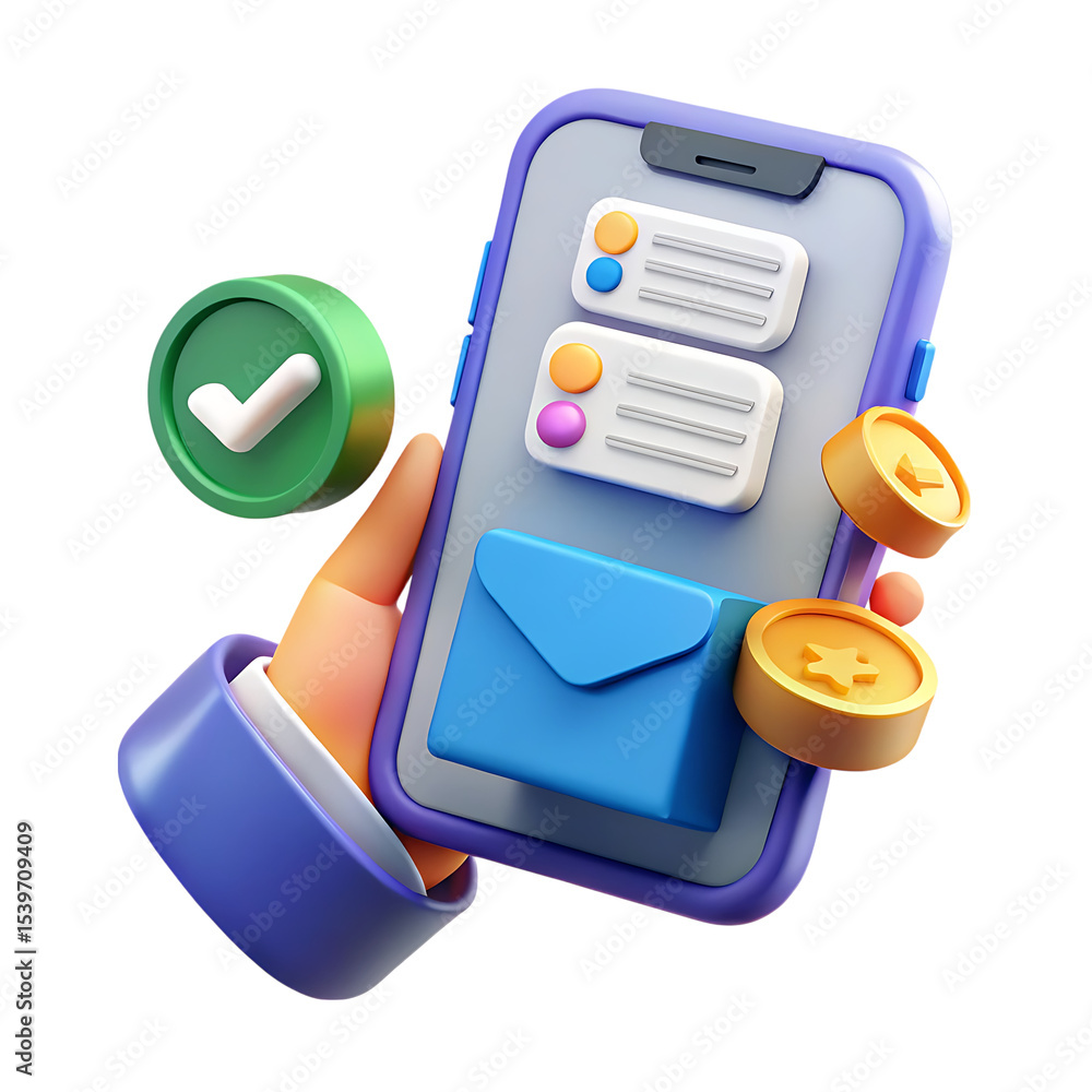 Poster 3d hand holding smartphone with notifications and coins isolated on transparent background