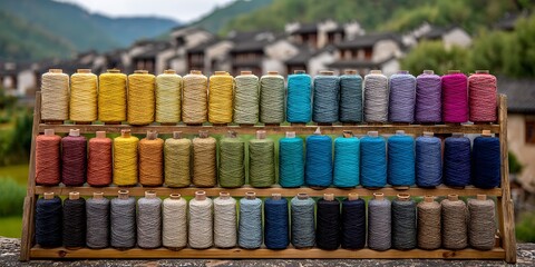 Fototapeta premium Colorful spools of thread on wooden rack against blurred chinese village background