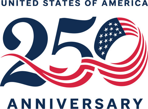 united states 250th anniversary logo featuring american flag, patriotic typography, red white blue theme, commemorative milestone