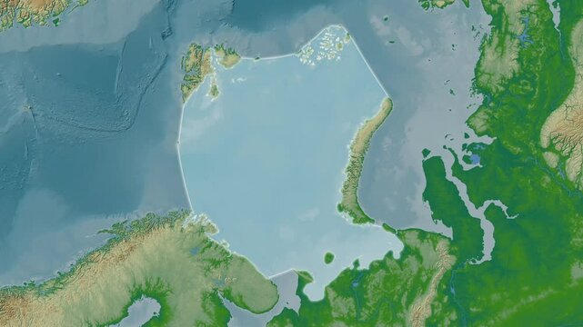 Barents Sea. Close-up on a colored elevation map