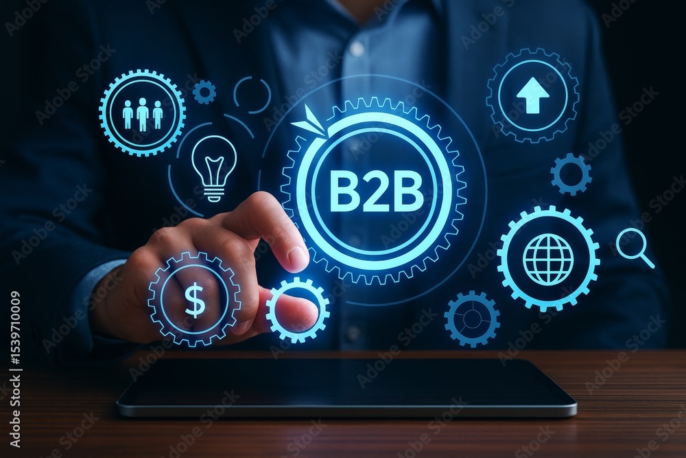 Poster Businessman interacting with B2B interface icons representing business-to-business concepts on a digital screen in a dark background environment.