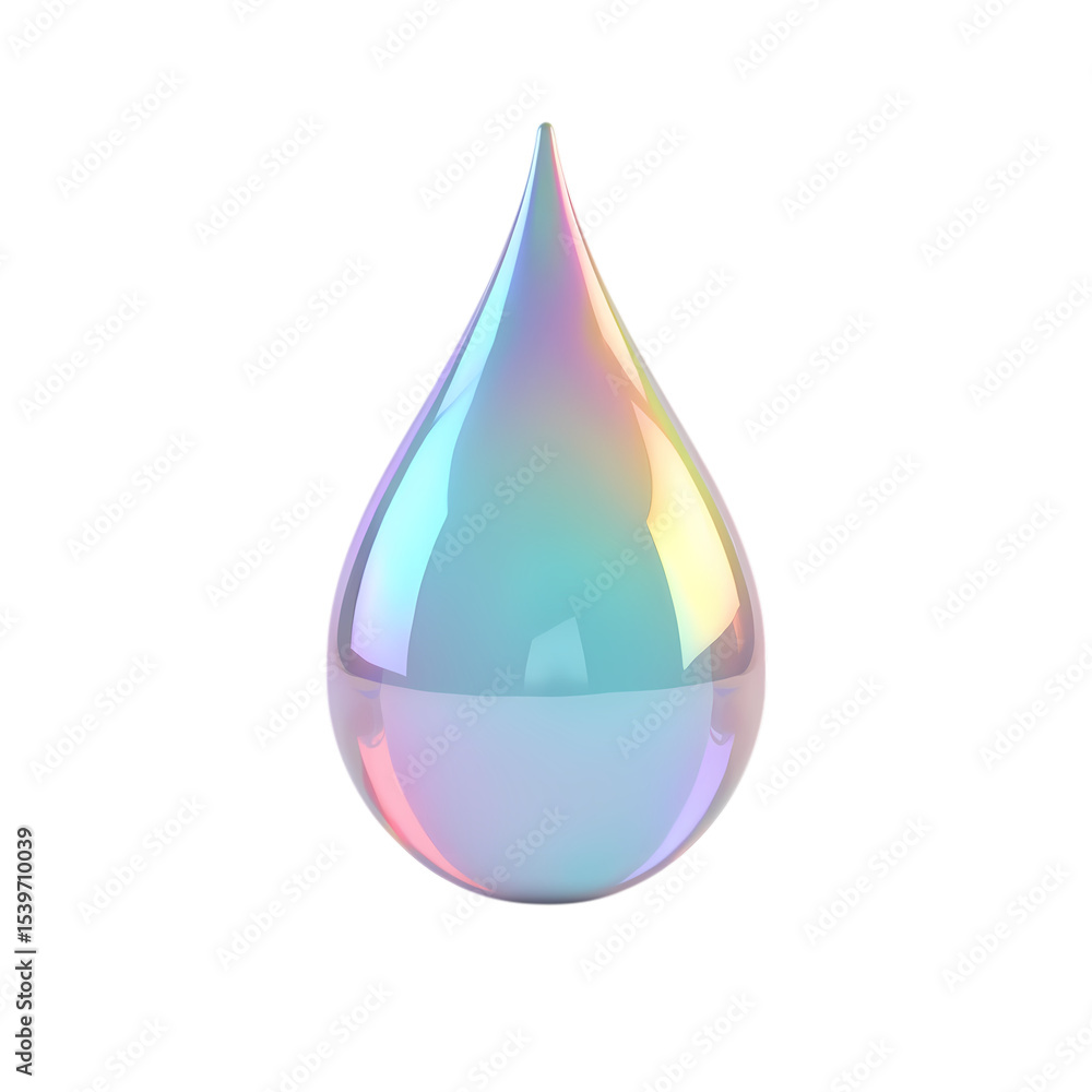 Poster iridescent droplet with a pointed tip isolated on transparent background