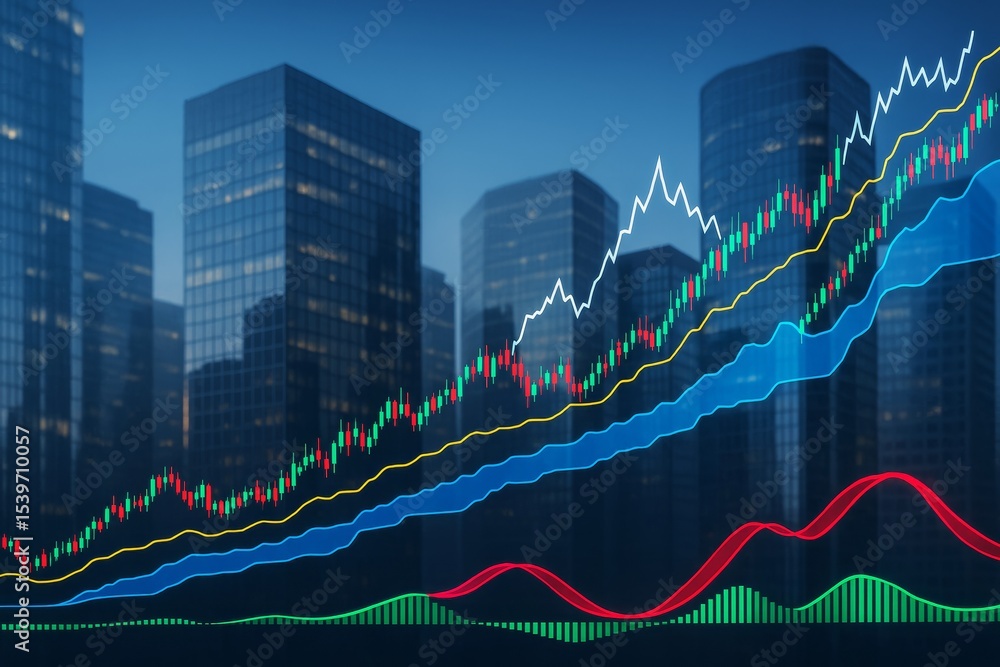 Poster abstract business background with colorful financial chart lines rising over modern office buildings