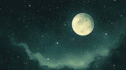 Fototapeta premium A serene watercolor planet with a luminous moon beside it, both surrounded by a vast starry sky, where the stars appear as tiny, delicate splashes of paint.