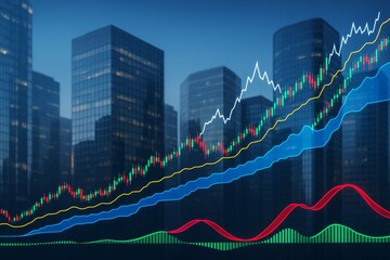 Abstract business background with colorful financial chart lines rising over modern office buildings at night, symbolizing market growth and data analytics.
