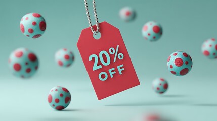 Twenty percent off sale tag with teal and red polka dot balls
