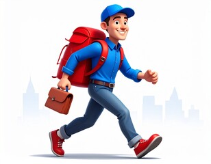 Happy Man in a Blue Shirt and Cap with a Backpack