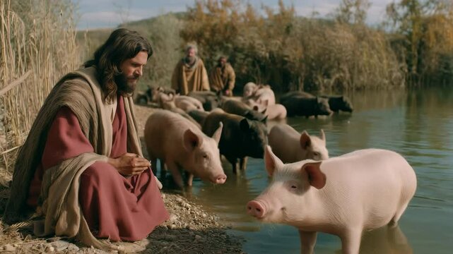 Jesus kneels beside a pig near a riverbank as a herd of swine gathers as he prepares to cast demons into them per Matthew 8:28-34 from the bible.